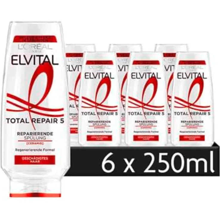 L'Oréal Paris Elvital Total Repair 5, Reparatur-Spülung gegen 5 Probleme geschädigter Haare mit Calendula-Extrakt, 6 x 250 ml