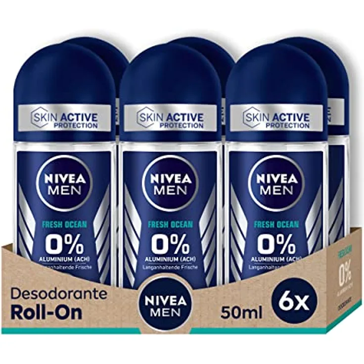 NIVEA MEN Fresh Ocean Deo Roll-On, 6 x 50 ml, Aluminiumfreies Deo mit 48h Schutz, erfrischender ozeanischer Duft