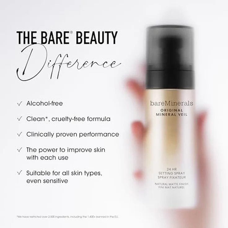 bareMinerals Original Mineral Veil 24HR Natural Matte Setting Spray, alkoholfreies Fixing Spray für 24 Stunden Halt, mattierend und schweiß- sowie wasserresistent – Bild 4