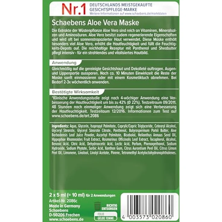 Schaebens Aloe Vera Maske, 10er Pack (10x 10 ml), erhöht Hautfeuchtigkeit, dermatologisch sehr gut verträglich, 0% Mikroplastik, klimaneutral und plastikneutral – Bild 3