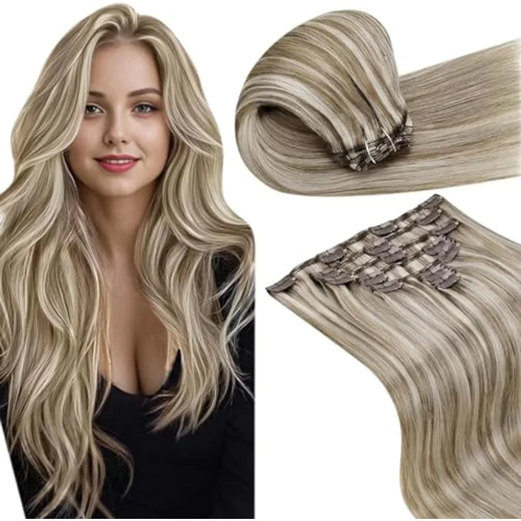 LaaVoo Haarverlängerung Clip in, Echthaar 7 Stück/105 g, 45 cm, doppelt, Weft Highlight, hellbraun/platinblond, Unisex