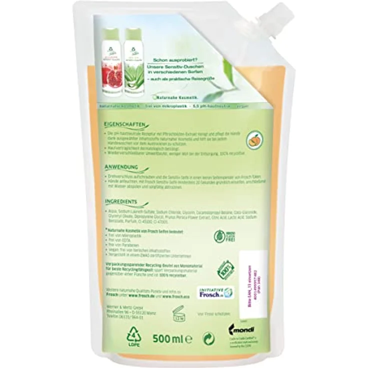 Frosch Pfirsichblüte Sensitiv-Seife, Pflegende Handseife zur sanften und Hygienischen Reinigung, Nachfüllbeutel, 500 ml – Bild 2