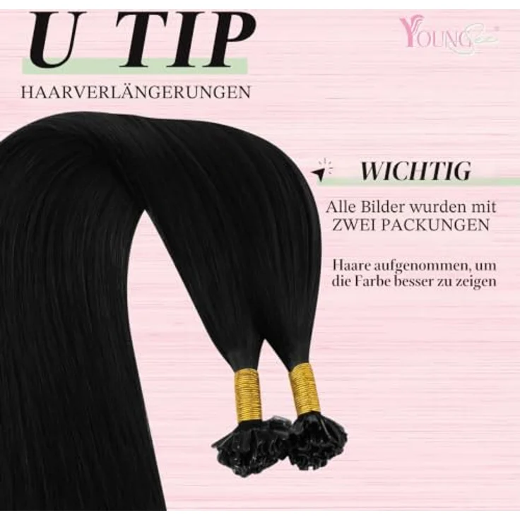 YoungSee U-Tip Extensions, 50g Echthaar Bondings in Schwarz, 45cm, mit natürlicher Keratinbindung für nahtlose Integration – Bild 2