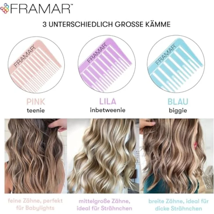 FRAMAR Pastell Strähnenkamm Set, 3-teilig in Pink, Lila & Blau, antistatisch, für einfache Strähnchenblondierung und -färbung – Bild 2