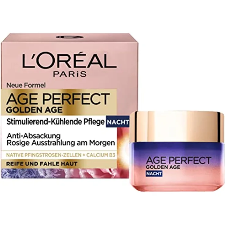 L'Oréal Paris Age Perfect Golden Age Stimulierend-kühlende Nachtpflege für eine ebenmäßige & strahlende Haut & rosig frische Ausstrahlung mit Pfingsrosen-Zellen, Calcium und Vitamin B3 & LSF 20, 50ml