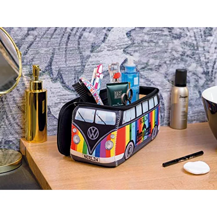BRISA VW Collection T1 Bulli Bus Kulturtasche, Neopren Kosmetikbeutel mit 5 Fächern, bunt gestreift, 30 x 14 x 12 cm, offiziell lizenziert – Bild 4