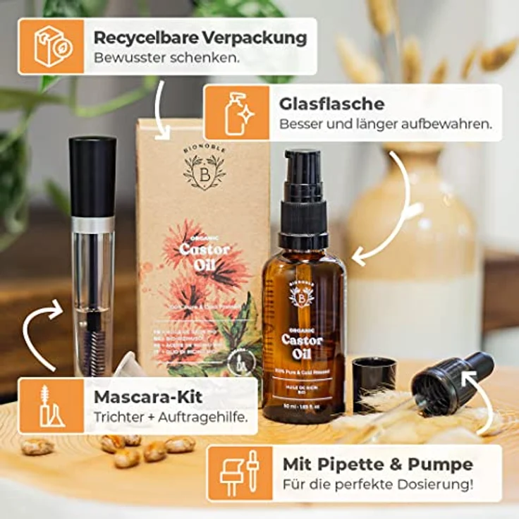 Bionoble Rizinusöl Bio 50ml - 100% Rein, Natürlich und Kaltgepresst - Wimpern, Augenbrauen, Haare, Bart, Nägel - Vegan und Cruelty Free -Castor Oil - Glasflasche + Pipette + Pumpe + Mascara Kit – Bild 4