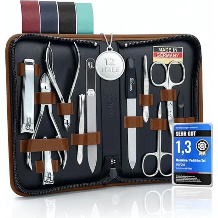 marQus Solingen Maniküre Set 12 Teile, Echt Leder Etui in Braun, komplettes Hand- und Fußpflege Kit mit qualitativ hochwertigen Nagelinstrumenten – Bild 1