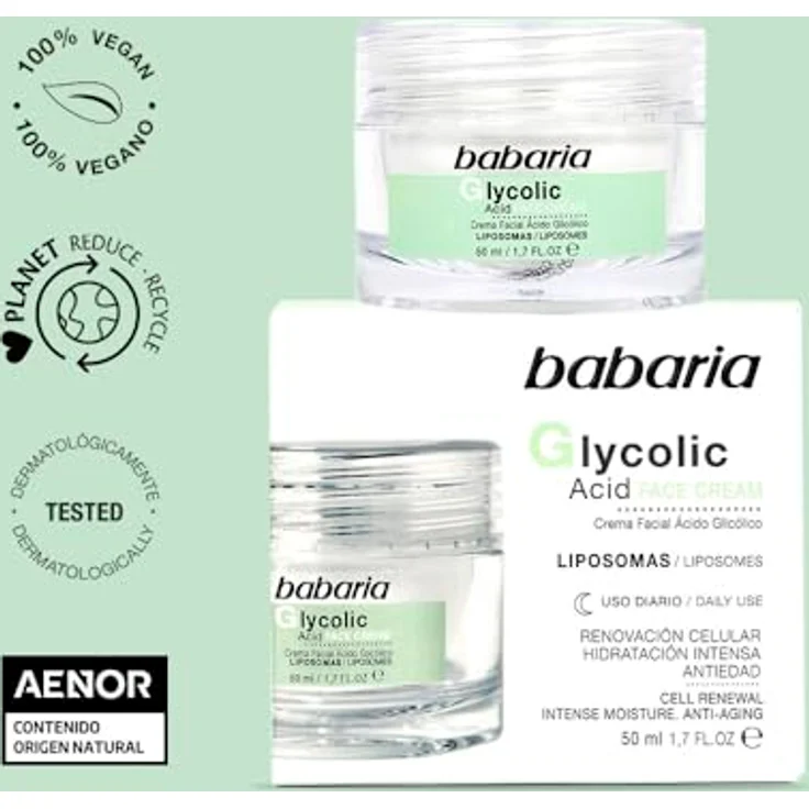 Babaria Glycolic Acid Face Cream, Gesichtscreme zur Zellregeneration, 50ml, vegan – Bild 6