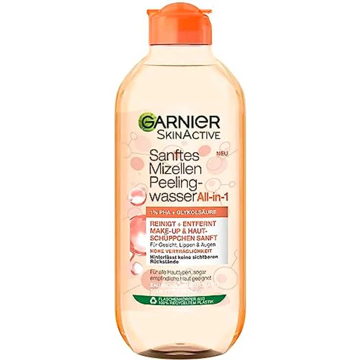 Garnier Sanftes Mizellen Peelingwasser, Reinigungswasser zur Entfernung von Make-Up Resten und abgestorbenen Hautschuppen, SkinActive, 1 x 400 ml