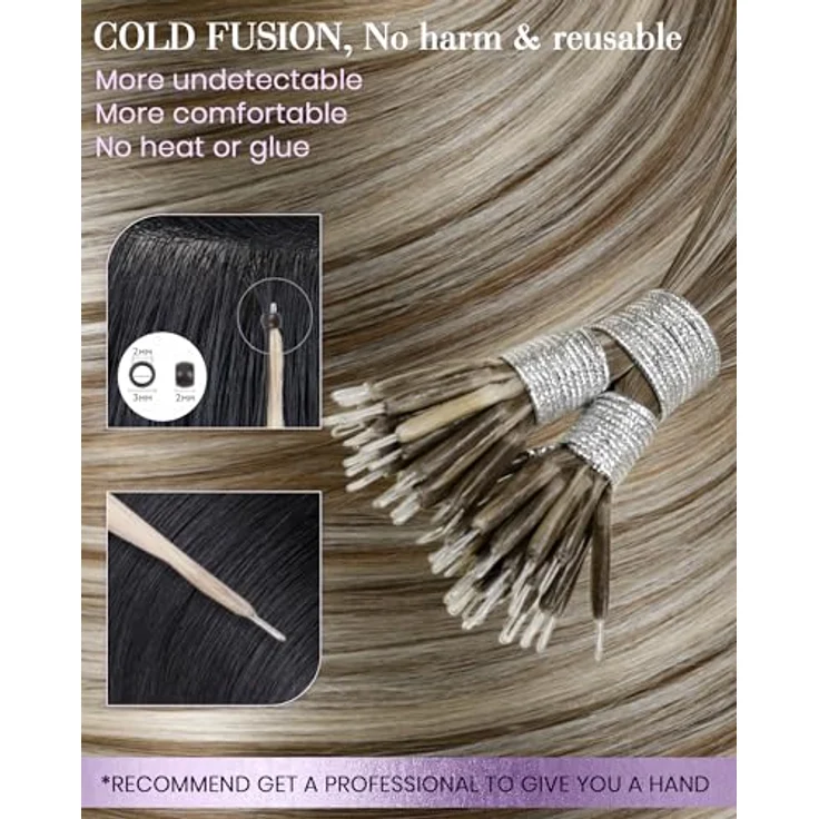 LaaVoo Nanoring Extensions Echthaar 35 cm Hellbraun mit Hellblond, 50G/50S, Kaltfusion, Remy, glatt, kein Haarbruch – Bild 3