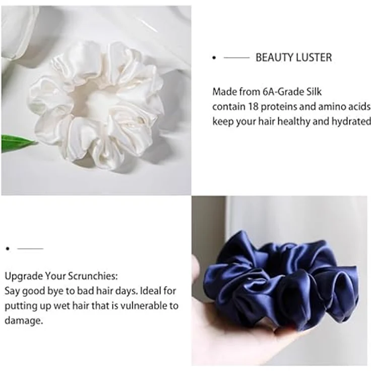townssilk Seidenhaarschlaufe 100% Maulbeerseide, 22 Momme, haarschonend, 2 Stück in Naturalwhite und Navyblue – Bild 2