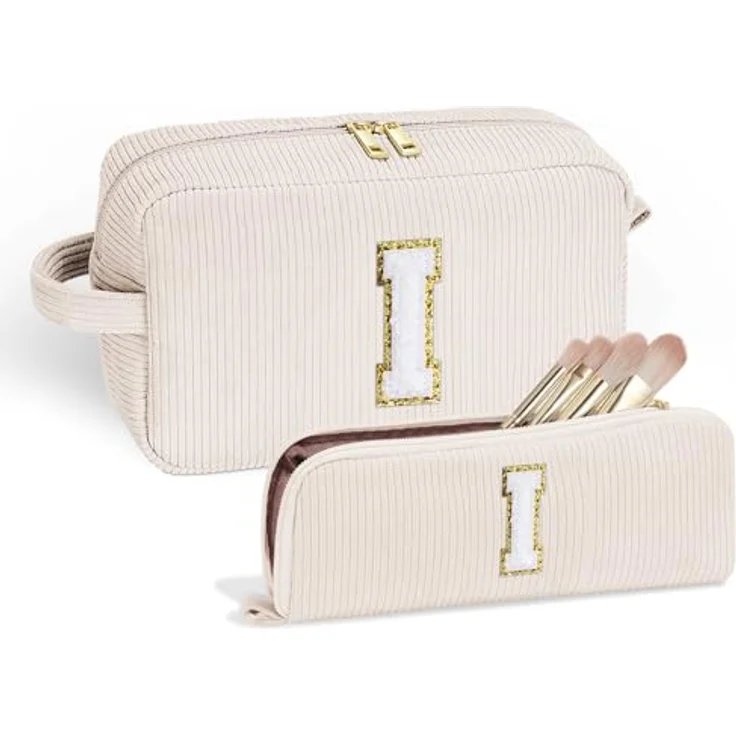 Parima Personalisierte Kosmetiktasche Damen, Cord Schminktasche Klein mit Buchstaben I, 2-teilig, ideal für Reisen und Alltag, große Tasche 25x15x9 cm, kleine Pinsel Tasche 22x9 cm – Bild 1