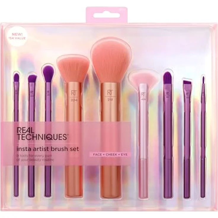 Real Techniques Insta Künstlerpinsel-Set, Gesichts-, Wangen- und Augenpinsel-Set, Make-up-Pinsel-Set, für Foundation, Rouge, Bronzer, Concealer und Lidschatten, professionelle Qualität, 9-teiliges Set – Bild 2