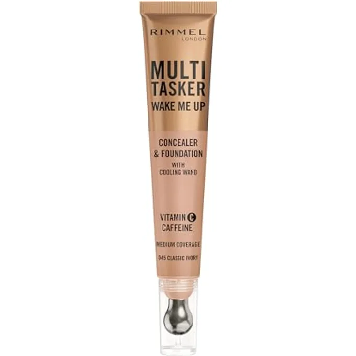 Rimmel London Multitasker Wake Me Up Concealer und Grundierung Classic Ivory 20 ml - Cremige Formel mit strahlendem Finish, Koffein und Vitamin C für Hautaufhellung, metallischer Applikator für Massage