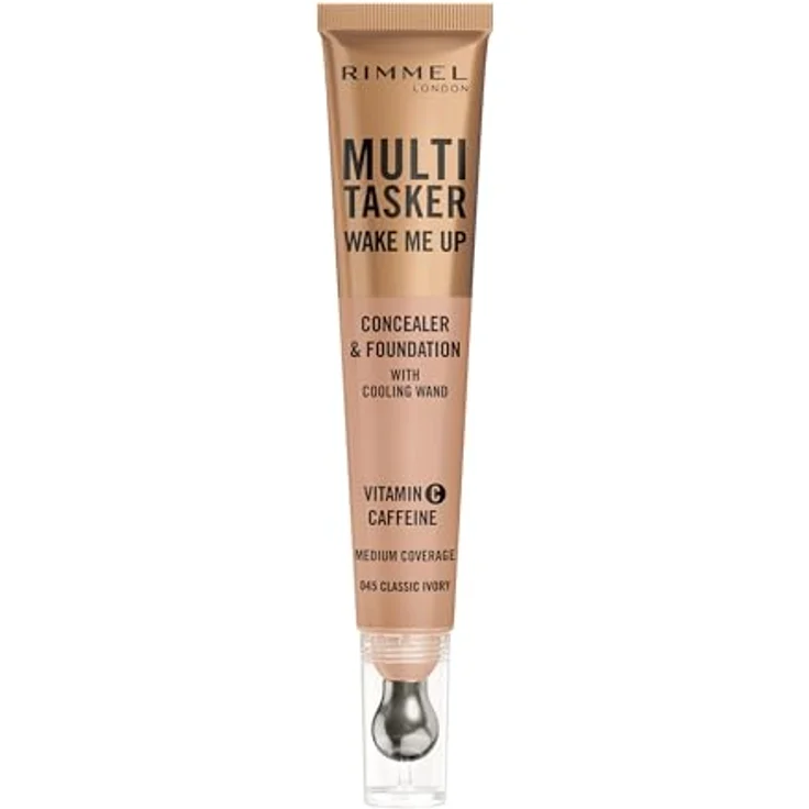 Rimmel London Multitasker Wake Me Up Concealer und Grundierung Classic Ivory 20 ml - Cremige Formel mit strahlendem Finish, Koffein und Vitamin C für Hautaufhellung, metallischer Applikator für Massage – Bild 1