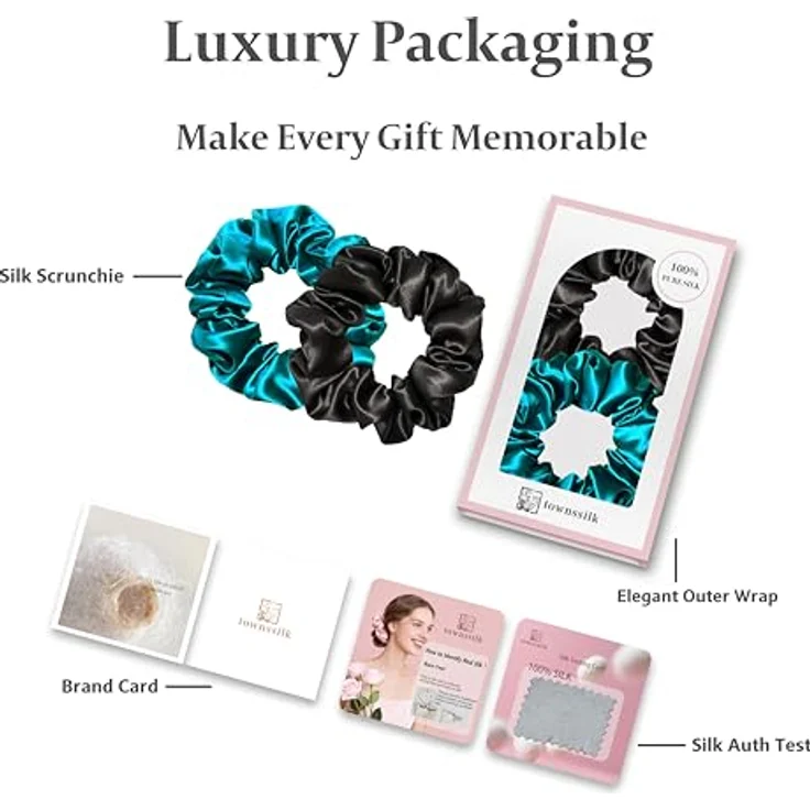 townssilk Seiden Scrunchie 2er-Set, 100% Maulbeerseide 6A/22 Momme, OEKO-TEX® zertifiziert, haarschonend, elastisch ohne Abdrücke, schwarz & Pfauenblau – Bild 5