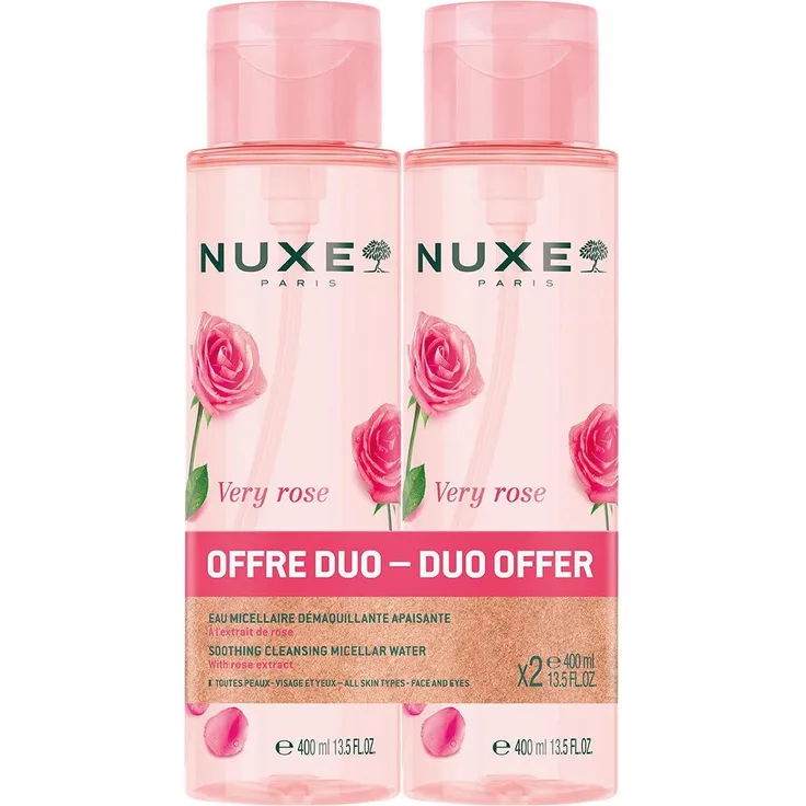 Nuxe Very Rose Soothing Cleansing Micellar Water Duo, Mizellenwasser Set mit 99 % natürlichen Inhaltsstoffen, 800 ml (2x400 ml)