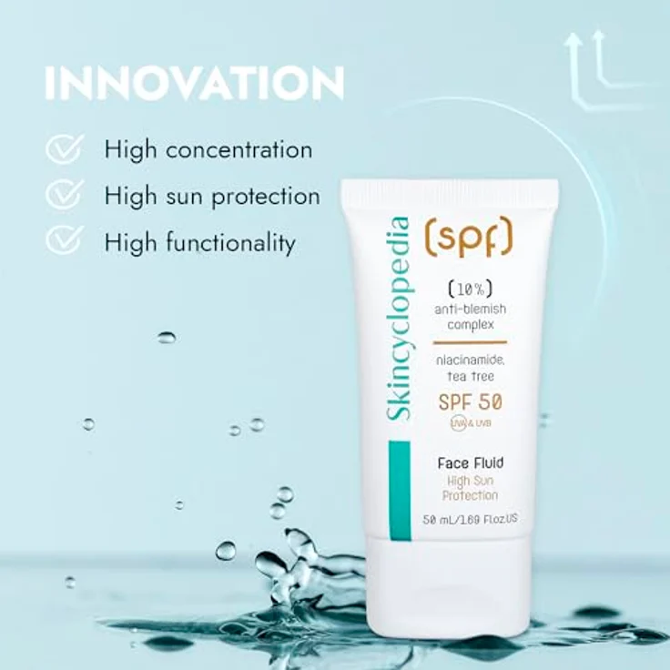 Skincyclopedia LSF 50 Sonnencreme, Sonnenfluid für das Gesicht mit Niacinamide und Teebaum gegen Pickel, SPF 50 Sun Protection Face Fluid, UVA und UVB, Sonnenschutz mit hohem Breitspektrumschutz, 50ml, Anti Pickel Sun Protection Face Fluid, 50ml – Bild 4