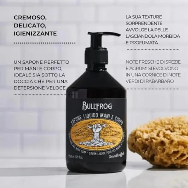 Bullfrog Flüssigseife für Hände und Körper 500 ml, umhüllende Textur mit natürlichen Inhaltsstoffen, würzige und frische Noten, Made in Italy – Bild 3
