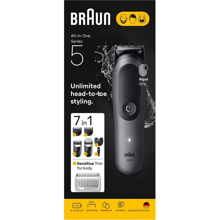 Braun AIO5520, Multigroomer mit 14 Längeneinstellungen, schwarz/grau, akkubetrieben, 120 min Laufzeit, wasserdicht