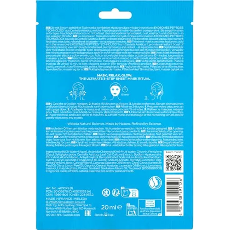 Weleda Bio Exo Boost Hydrobounce Tuchmaske, Gesichtsmaske mit Hyaluronsäure und EXOSOMES PEPTIDES TECHNOLOGY für Feuchtigkeitsboost und strahlenden Glow, 20ml, vegan – Bild 2