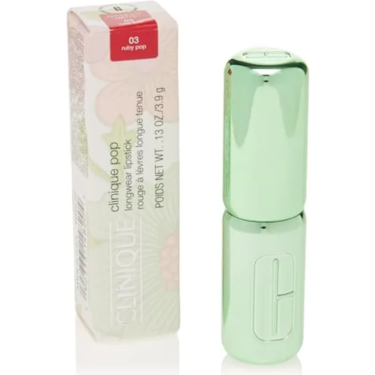 Clinique Pop Longwear Lipstick 03 Ruby Pop, langlebiger Lippenstift mit integrierten Primer, 3,9 g