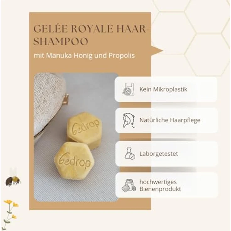 bedrop Festes Shampoo mit Gelée Royale, Manuka Honig & Propolis für brüchiges, sanftes & gesundes Haar, feste Haarseife - 65g – Bild 3