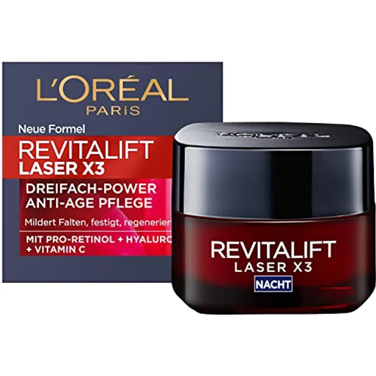 L'Oréal Paris RevitaLift Laser X3 Anti-Aging-Nachtcreme für Frauen: strafft die Haut, mildert Falten, mit Pro-Retinol, Hyaluronsäure und Vitamin C, 50ml – Bild 1