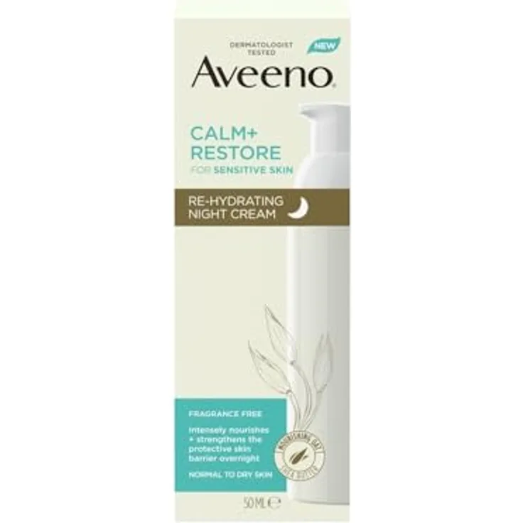 Aveeno Face Calm + Restore Rehydrating Night Cream, 50ml, beruhigende Gesichtspflege mit prebiotischem Hafer, 48 Stunden Feuchtigkeit, parfümfrei, dermatologisch getestet für empfindliche Haut