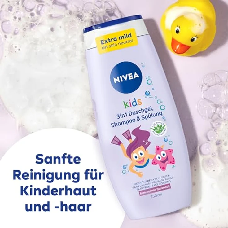 Nivea Kids 3in1 Duschgel, Shampoo & Spülung mit Beerenduft, extra milde Haar- und Hautpflege für Kinder (250 ml) – Bild 4