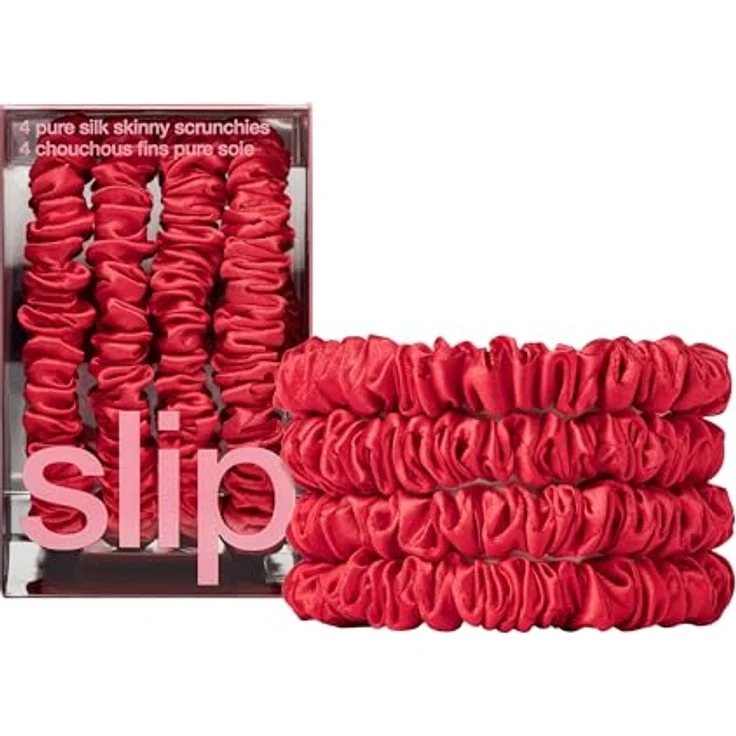SLIP Skinny Scrunchies, Anti-Falten- und bruchsichere Slipsilk™-Haargummis, 4er Set aus reiner Seide, Rot – Bild 1