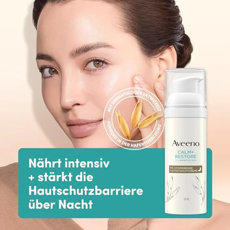 Aveeno CALM+RESTORE Re-Hydrierende Hafer Nachtcreme (50 ml), feuchtigkeitsspendend mit Sheabutter, präbiotischem Hafer & Mutterkraut für empfindliche Haut – Bild 2
