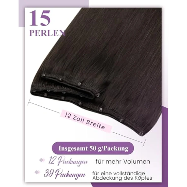 LaaVoo Echthaar Tressen Extensions mit Micro Rings, 12 Zoll Breit, EZE Weft, glatt, #2, 50g, 45cm – Bild 2