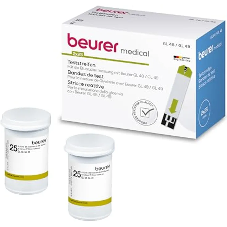 BEURER GL48/GL49 Blutzucker-Teststreifen, 50 Stück, präzise Messung für Diabetes-Selbstkontrolle