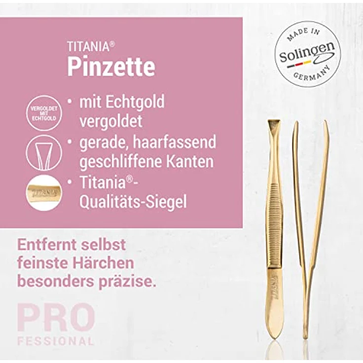 TITANIA Pinzette aus Solingen, vergoldet, 8 cm, Augenbrauen-Pinzette mit gerader breiter Spitze, Made in Germany, extra präzise für Haarentfernung – Bild 3