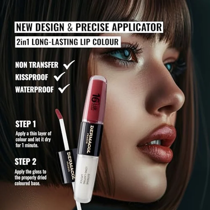 Dermacol 16H Lip Colour, langlebiger, glänzender Lippenstift mit kräftiger Farbe, Farbton 28 Royal Peony, 2x4 ml – Bild 2