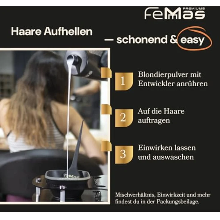 FemMas Blondier-Set 12%, Blaues Blondierpulver 500g & Oxycreme Entwickler 1000ml, Aufhellung um bis zu 9 Tonstufen in Salon-Qualität – Bild 4