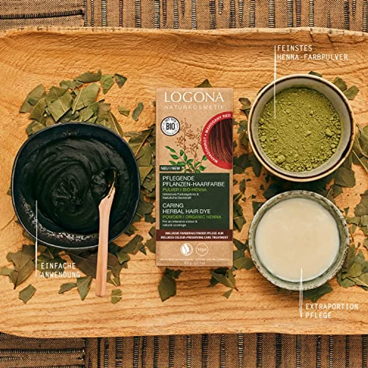 LOGONA Naturkosmetik Pflegende pflanzliche Haarfarbe, Veganes Haarfarbe-Pulver mit Bio-Henna für intensive Farbe und Glanz, Pflanzenhaarfarbe in Mahagonirot (Rot-Braun), 1 x 100g – Bild 2