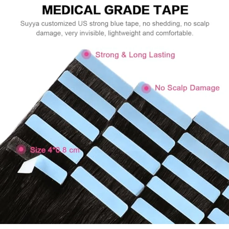 SUYYA Tape Extensions Echthaar 16 Zoll 40 cm, #1B Natürliches Schwarz, Remy Haar mit professionellem blauen Kleber – Bild 3