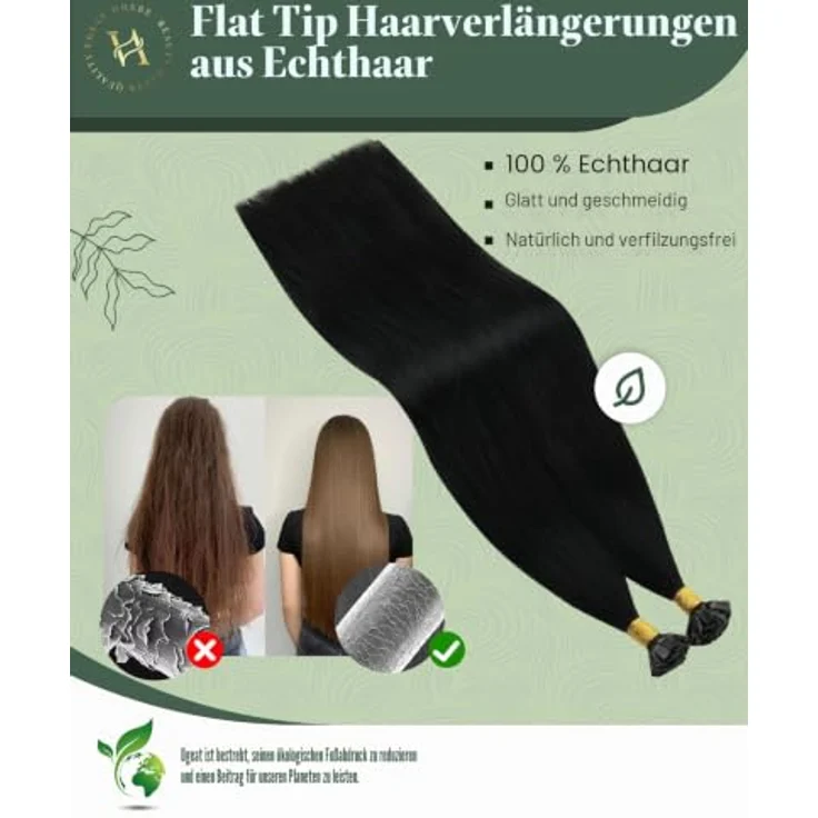 Ugeat Flat Tip Extensions, Echthaar Bonding Schwarz, Remy Haarverlängerung 45 cm, 50g, 50 Strähnen – Bild 3