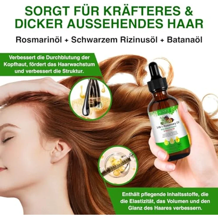 P-Beauty Bio Haaröl 3in1 Rosmarinöl, Rizinusöl & Batanaöl 60ml - Ätherisches Öl für Haar- und Hautpflege, fördert Haarwachstum, pflegt Haut & Nägel, inkl. Pipette und Applikator-Pinsel – Bild 3