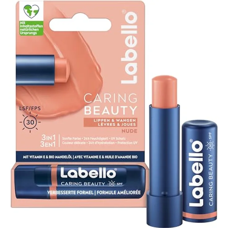 Labello Caring Beauty Nude Lippenpflegestift, farbige Lippenpflege mit LSF 30, Vitamin E, Bio-Mandelöl, 3in1 Formel für Lippen und Wangen (4,8 g)