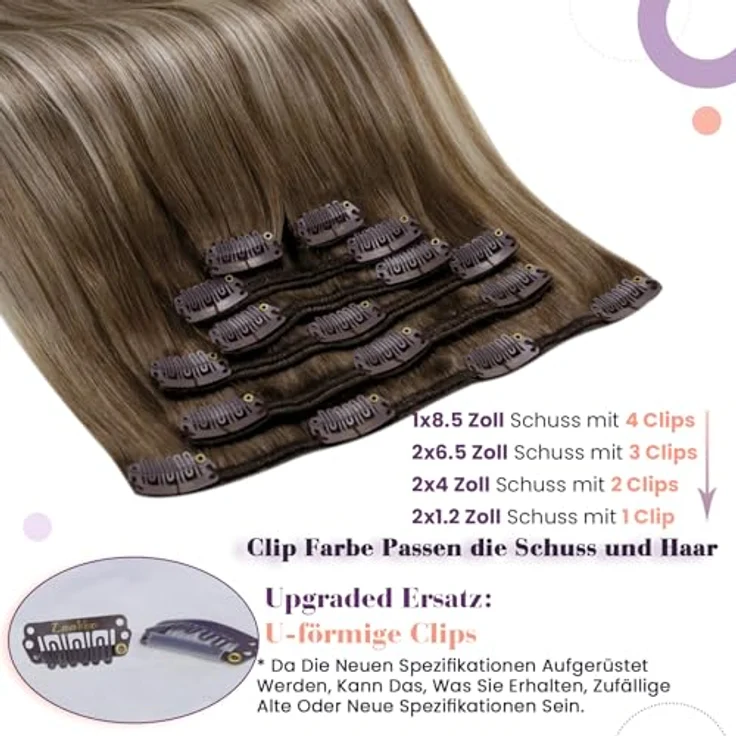 LaaVoo Clip in Extensions Echthaar, Balayage Blond, Ombre Platinblond, 40 cm, 105 g, 7 Stück, #8/60/8 – Bild 2