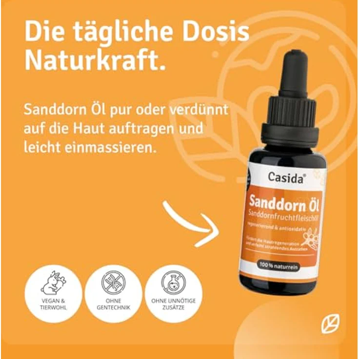 Casida Sanddornöl Sanddornfruchtfleischöl ätherisch, revitalisierendes Gesichtsserum, 30 ml – Bild 3