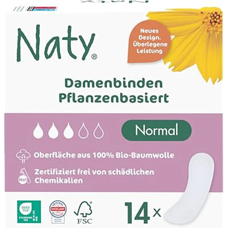Naty Damenbinden Normal, 14 Stück – umweltfreundlich, vegan, hautfreundlich, biologisch abbaubar für natürliche Monatshygiene – Bild 1