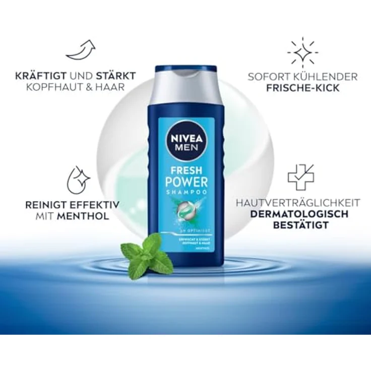 Nivea Men Fresh Power Shampoo mit Menthol, erfrischt Kopfhaut & Haar, pH-optimierte Haarpflege, 250 ml – Bild 2