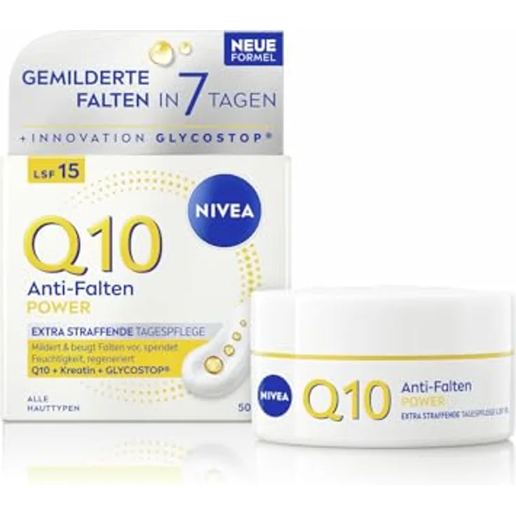 NIVEA Q10 Anti-Falten Power Extra Straffende Tagespflege LSF 15, 50 ml - Feuchtigkeitsspendend, mit Duo-Kollagen-Booster, für alle Hauttypen