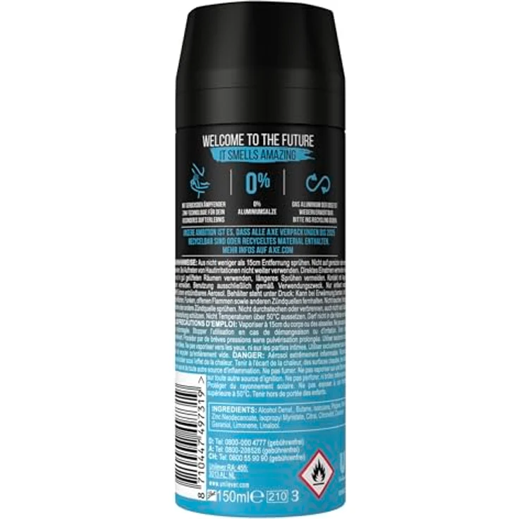 Axe Bodyspray Ice Chill Deo, Aluminiumfrei, 48h Schutz vor Körpergeruch, 150 ml, mit gefrorener Minze und Zitrone – Bild 2
