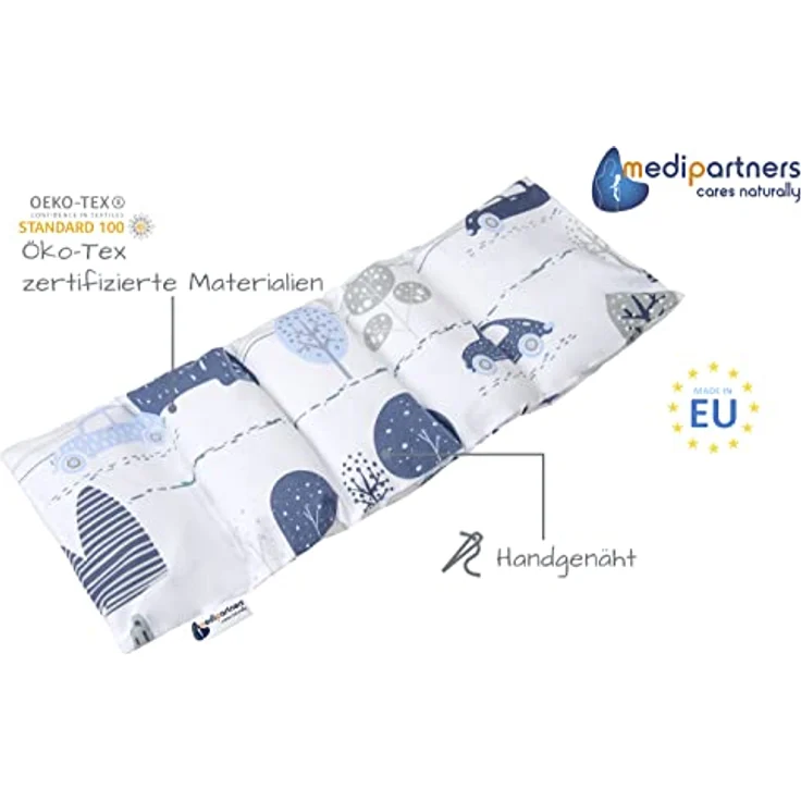Medi Partners Kirschkernkissen Mikrowelle 60x20cm, 800g Wärmekissen aus 100% Baumwolle mit abnehmbarem Bezug und 5 Kammern, Retro Cars Design – Bild 2